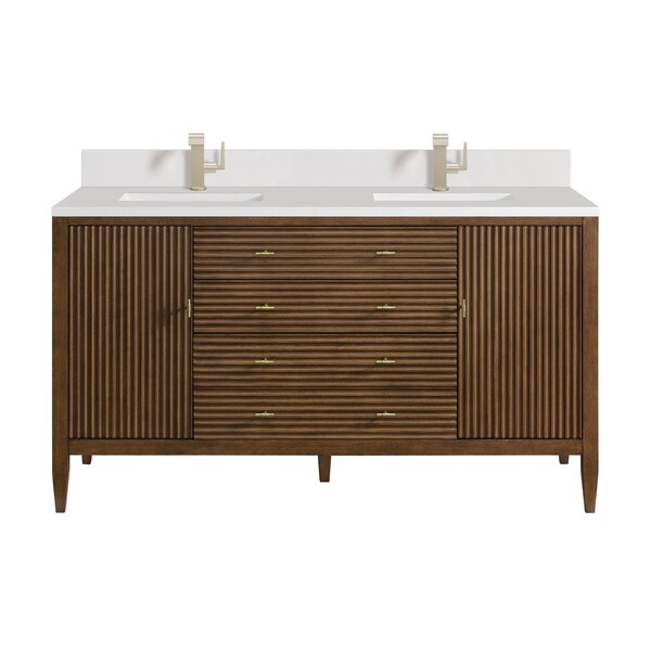 James Martin Vanities 60'' Double Vanity, Mid Century Walnut w/ Single Hole 3 CM White Zeus Quartz Top & Backsplash 485-V60D-WLT-1WZ - main